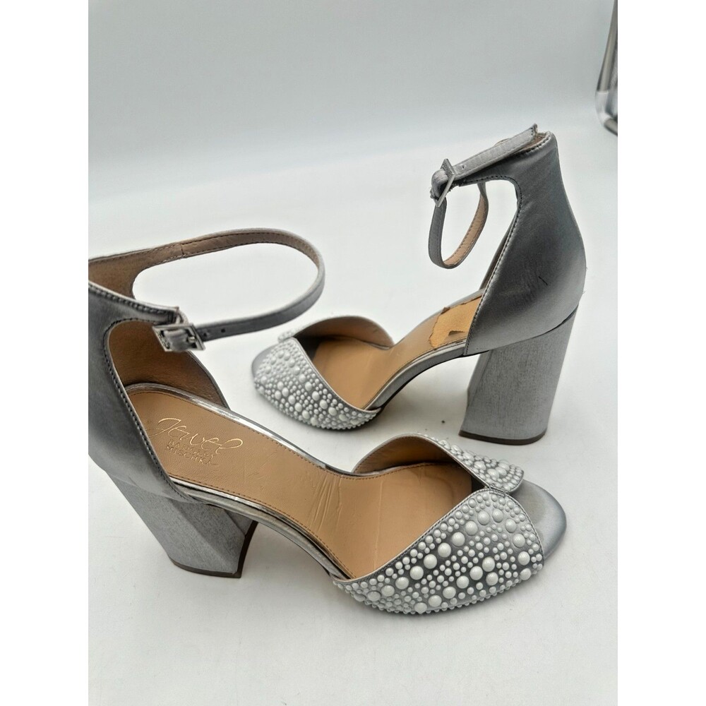 JEWEL BADGLEY MISCHKA Pearl Embellished Block Sandals Silver Satin Ankle Strap 9